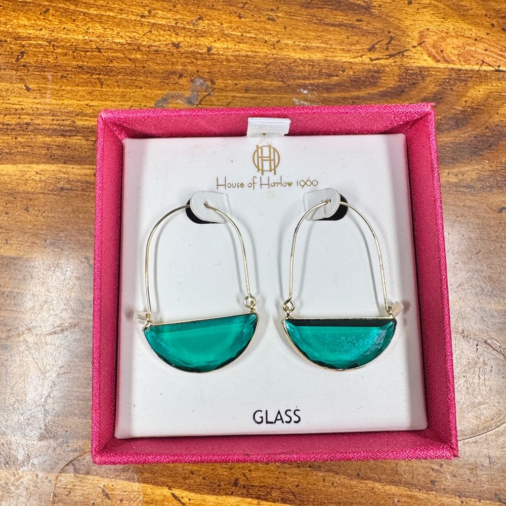 House of Harlow 1960 Gold Green Glass Drop Earrings Boho Statement
